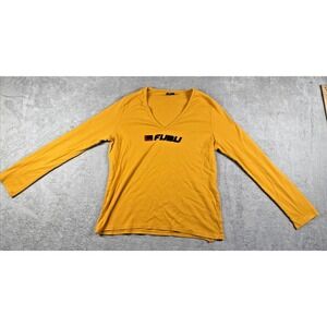 Vintage FUBU Women's Long Sleeve V-Neck Logo Print Shirt Yellow Size 1X
